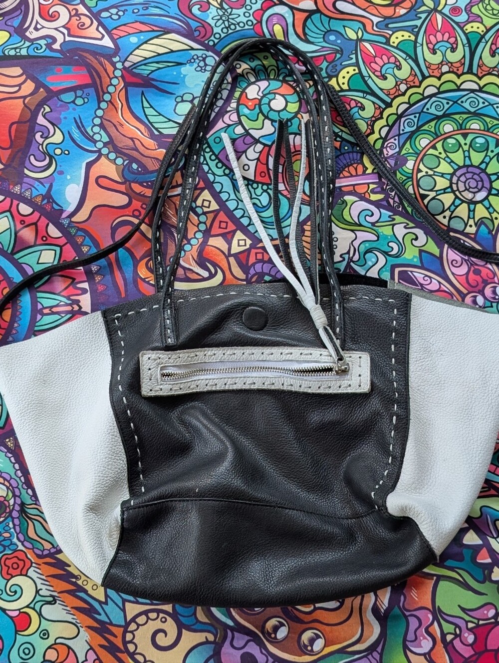 Kate Falchi Leather Black White Boho Tote Shoulder Bag Magnetic Closure Purse